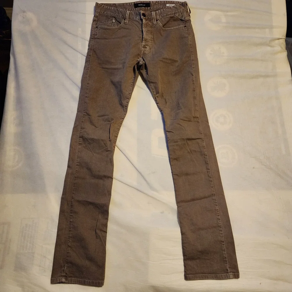 Replay Waitom Regular Slim Fit Jeans Taupe Brown Button Fly Mens 30x34 M983J - Picture 1 of 7